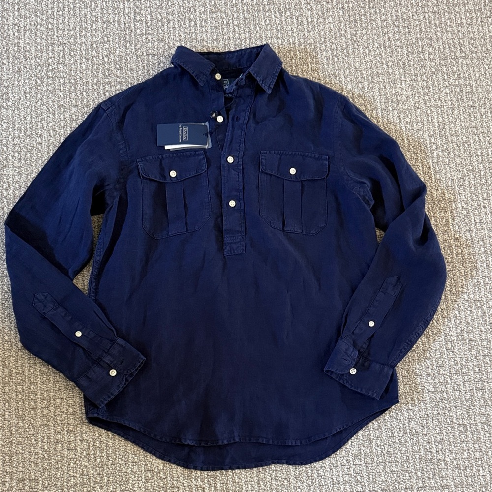New Polo Ralph Lauren Navy Blue Linen Men Shirt Top S
